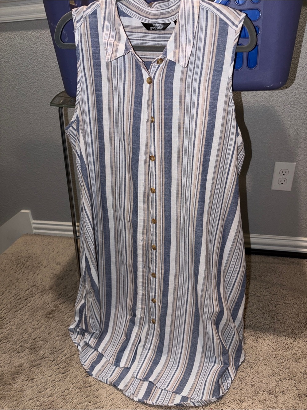 Mlle Gabrielle Blue and White Striped Sleeveless Button-Front Dress